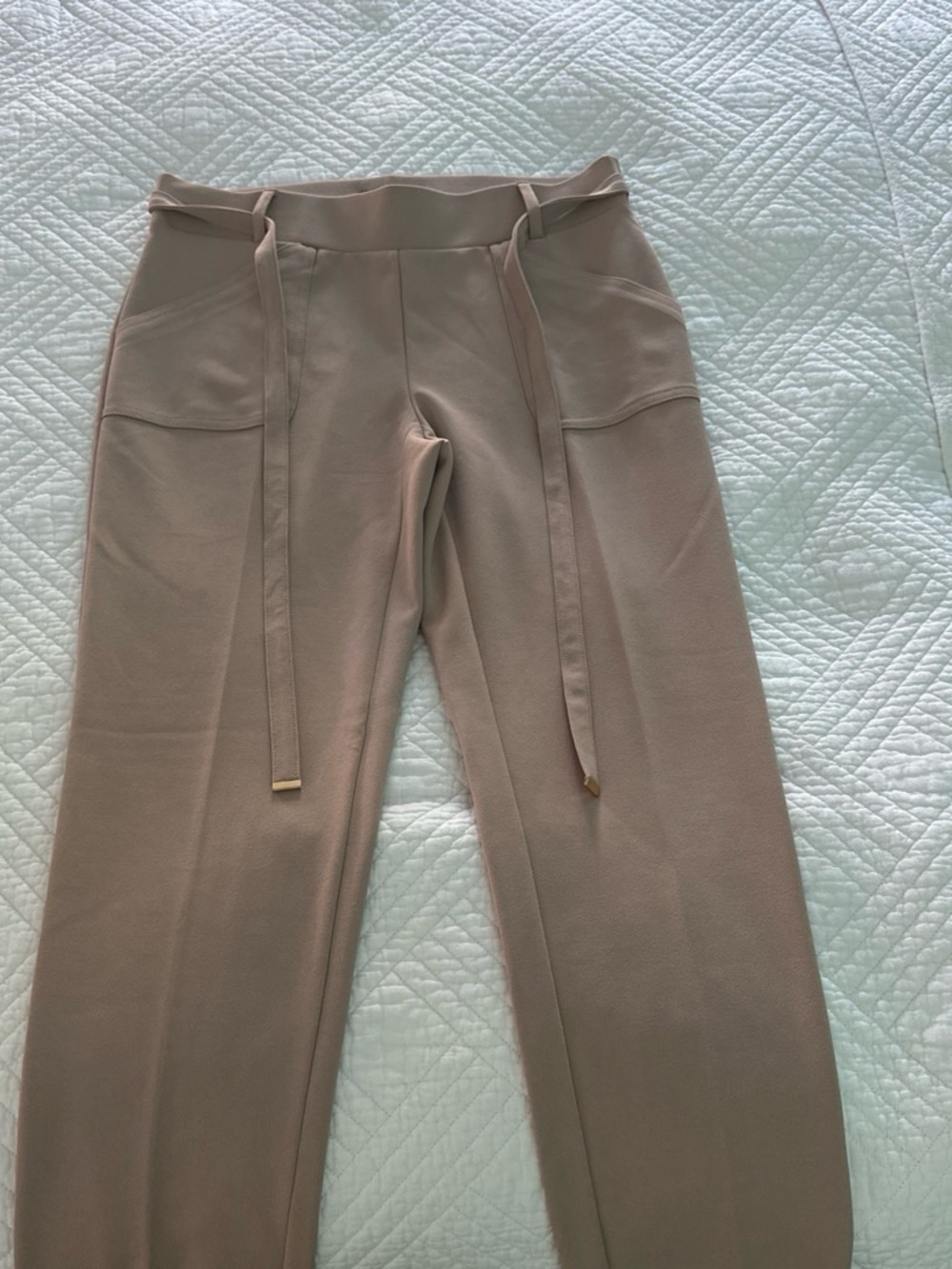 Straight-Leg Pull-On Pants with Tie Waist - Beige